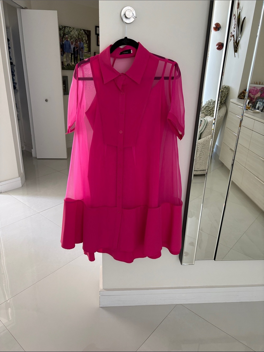 Sheer Button-Front Dress  in Bright Fuchsia with Separate Slip